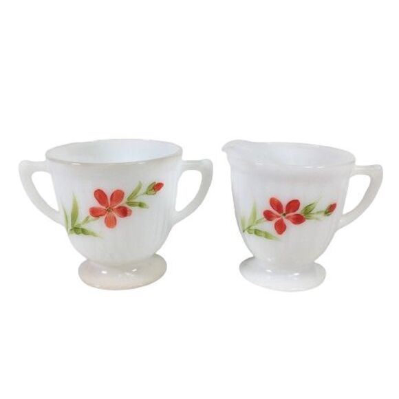 Macbeth Evans Monax Petalware Florette Red Floral Cream & Sugar Bowl Set Footed - Picture 1 of 8